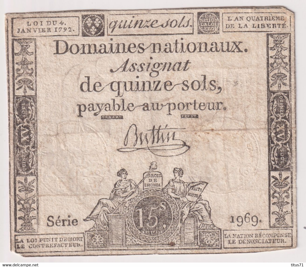 Assignat De Quinze Sols / 15 Sols - 4 Janvier 1792 - Série 1969 - Assignats & Mandats Territoriaux