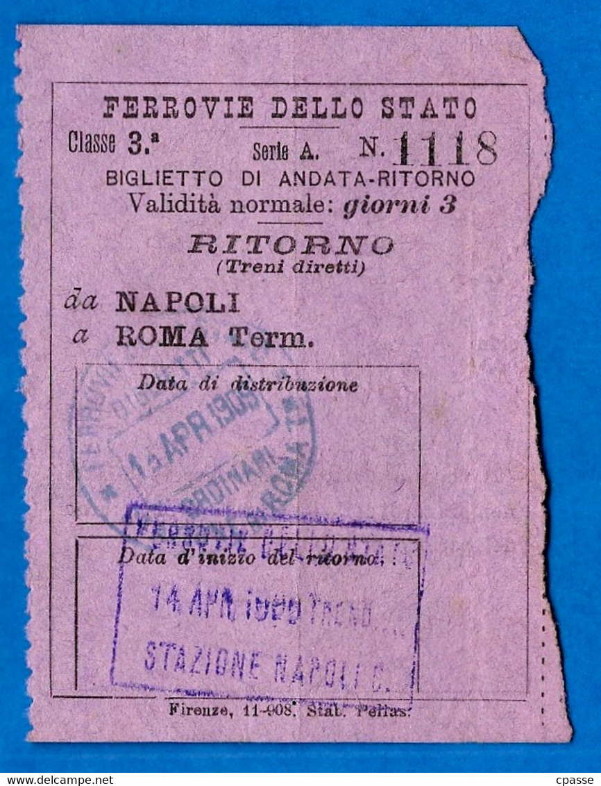 1909 Titre De Transport Retour (Billet De Train) Biglietto ITALIA Ferrovie Dello Stato NAPOLI - ROMA Term - Other & Unclassified