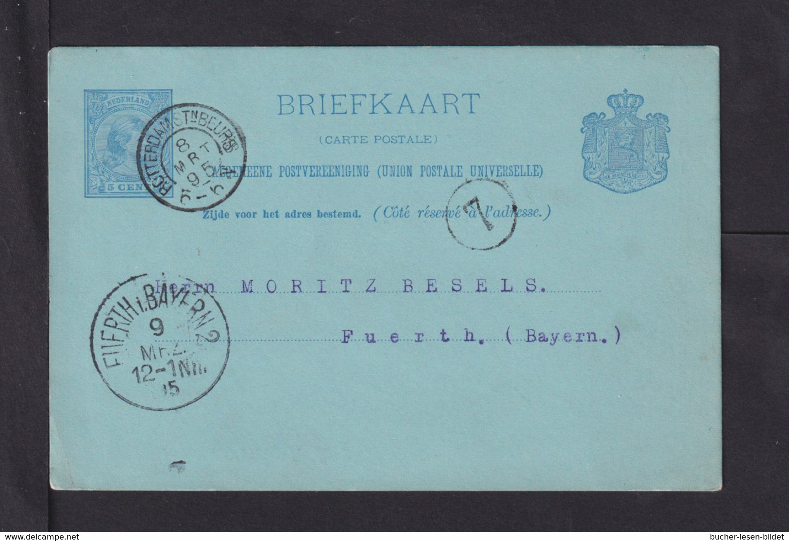 1895 - 5 C. Ganzsache Ab Rotterdam Stn.Beurs Nach Fürth - Covers & Documents