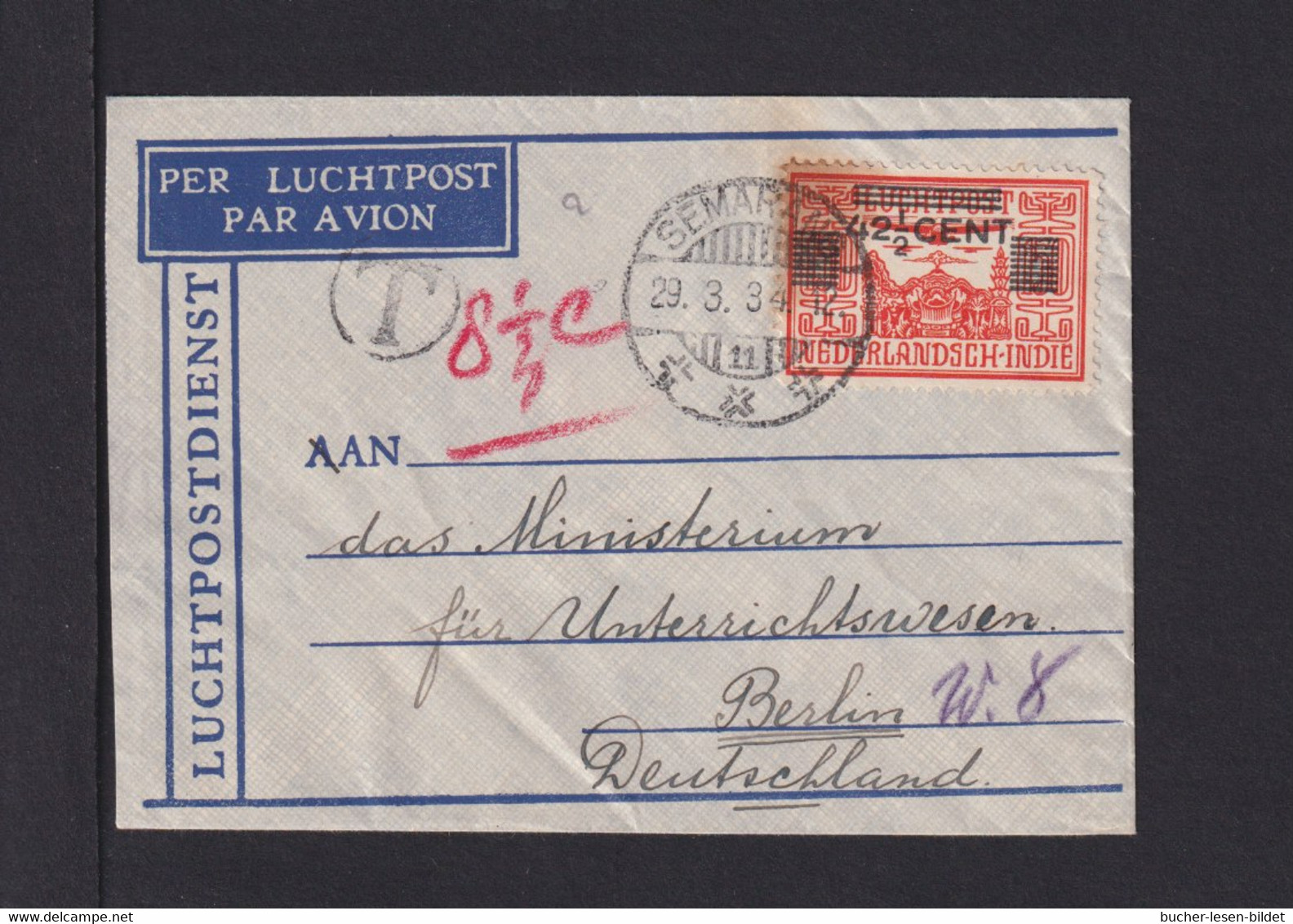 1934 - 42 1/2 C. Überdruck Auf Kleinem Luftpostbrief Ab Semerang Nach Berlin - Netherlands Indies