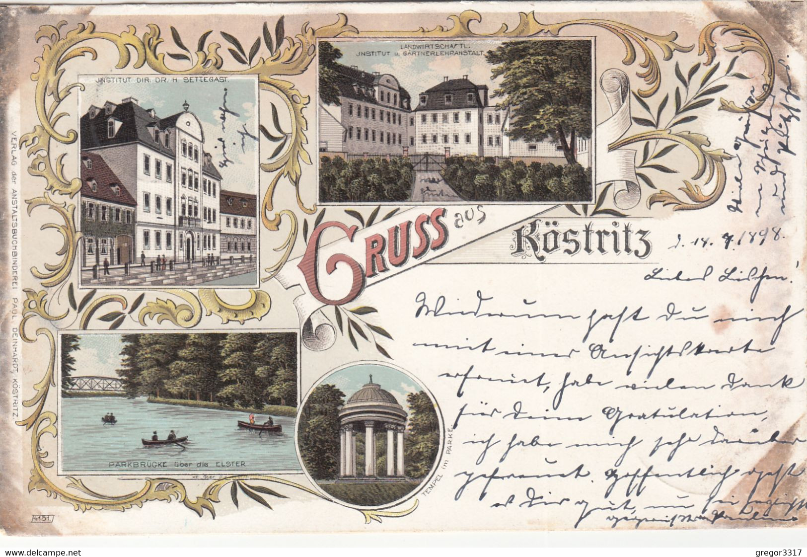 7425) GRUSS Aus KÖSTRITZ - Tolle LITHO Parkbrücke - Institut SETTEGAST U. Landwirtschaftliches Institut - 14.7.1898 !! - Bad Köstritz