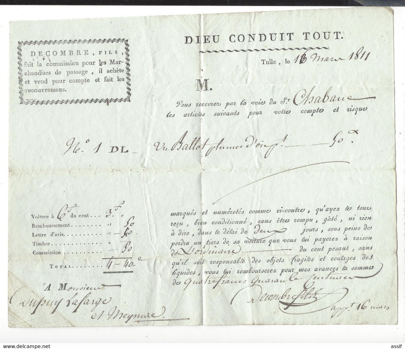 Meymac Tulle  Lettre De Voiture "  Dieu Conduit Tout "  1811 -  Dupuy Lafarge Decombre Fils ( Plumes D'oies ) - Documents Historiques