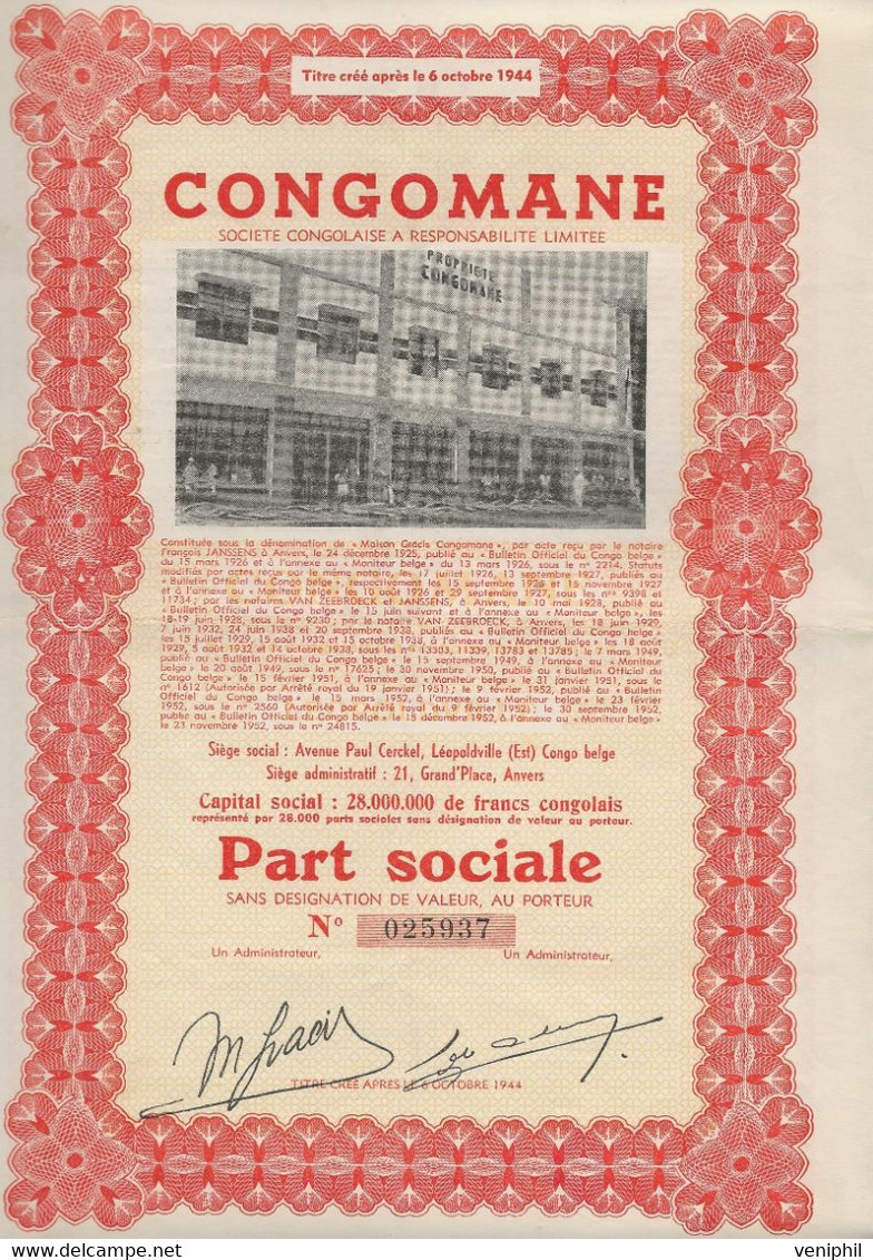 CONGOMANE - SOCIETE CONGOLAISE A RESPONSABILITE LIMITEE - PART SOCIALE -ANNEE 1944 - Africa