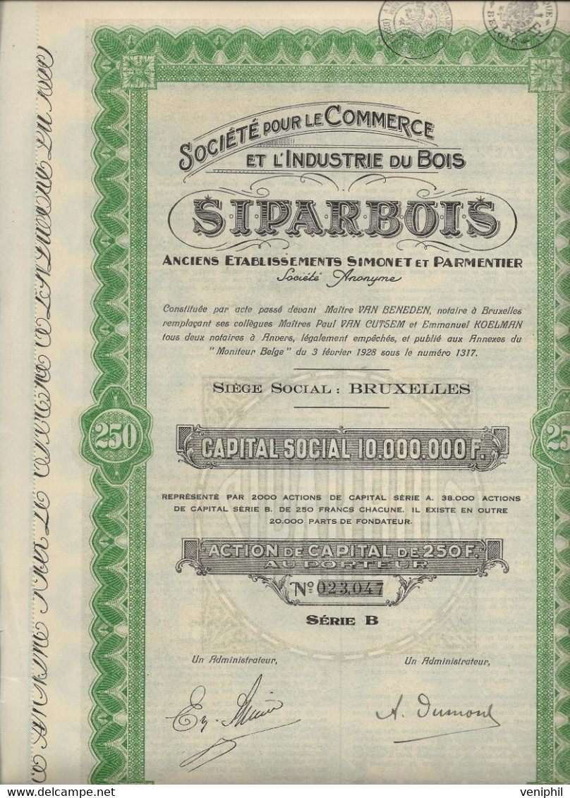 SOCIETE POUR LE COMMERCE DU BOIS " SIPARBOIS '  ACTION DE CAPITAL DE 250 FRS -ANNEE 1928 - Industry