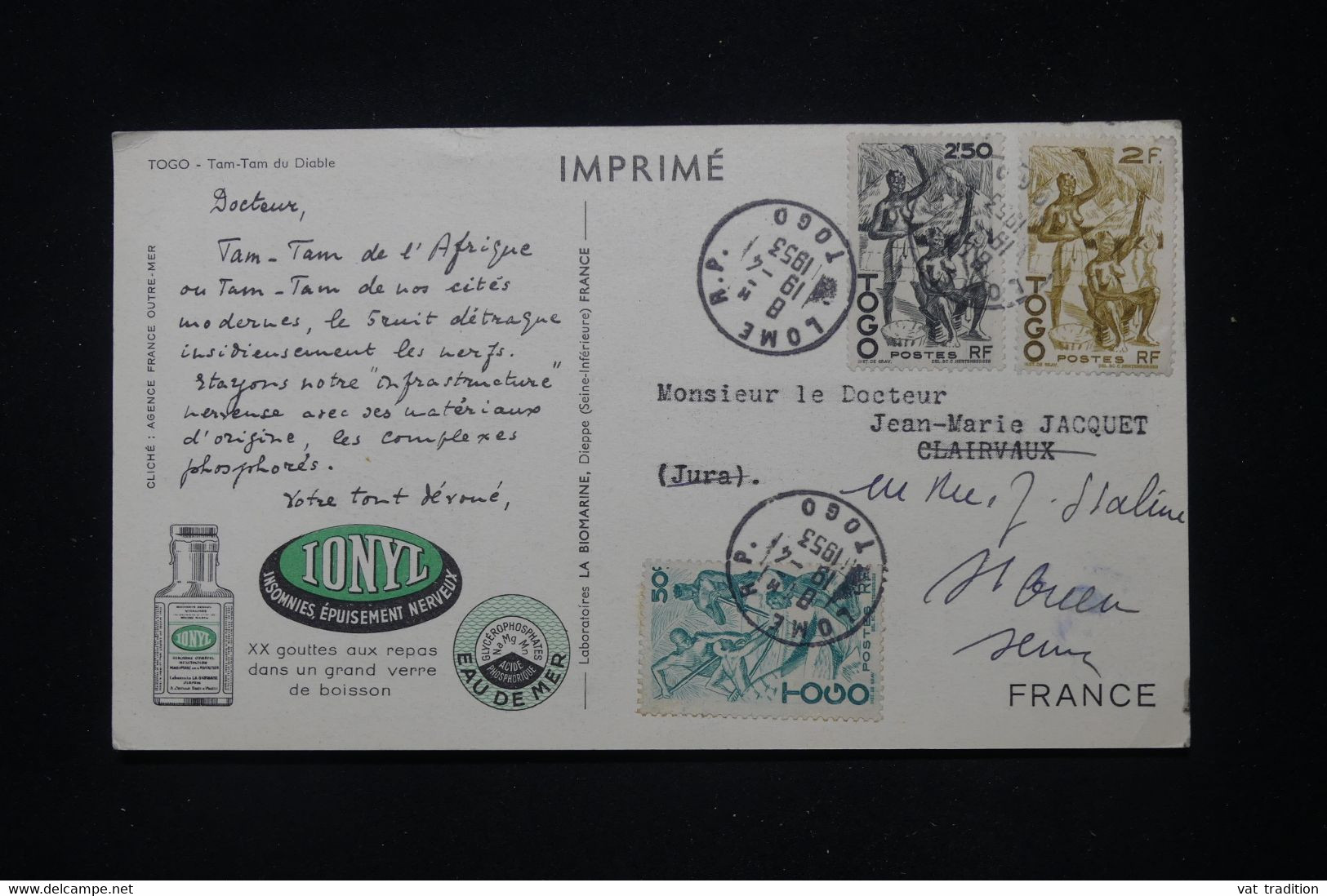 TOGO - Carte Commerciale " Biomarine ", De  Lome Pour La France En 1953 - L 101574 - Briefe U. Dokumente