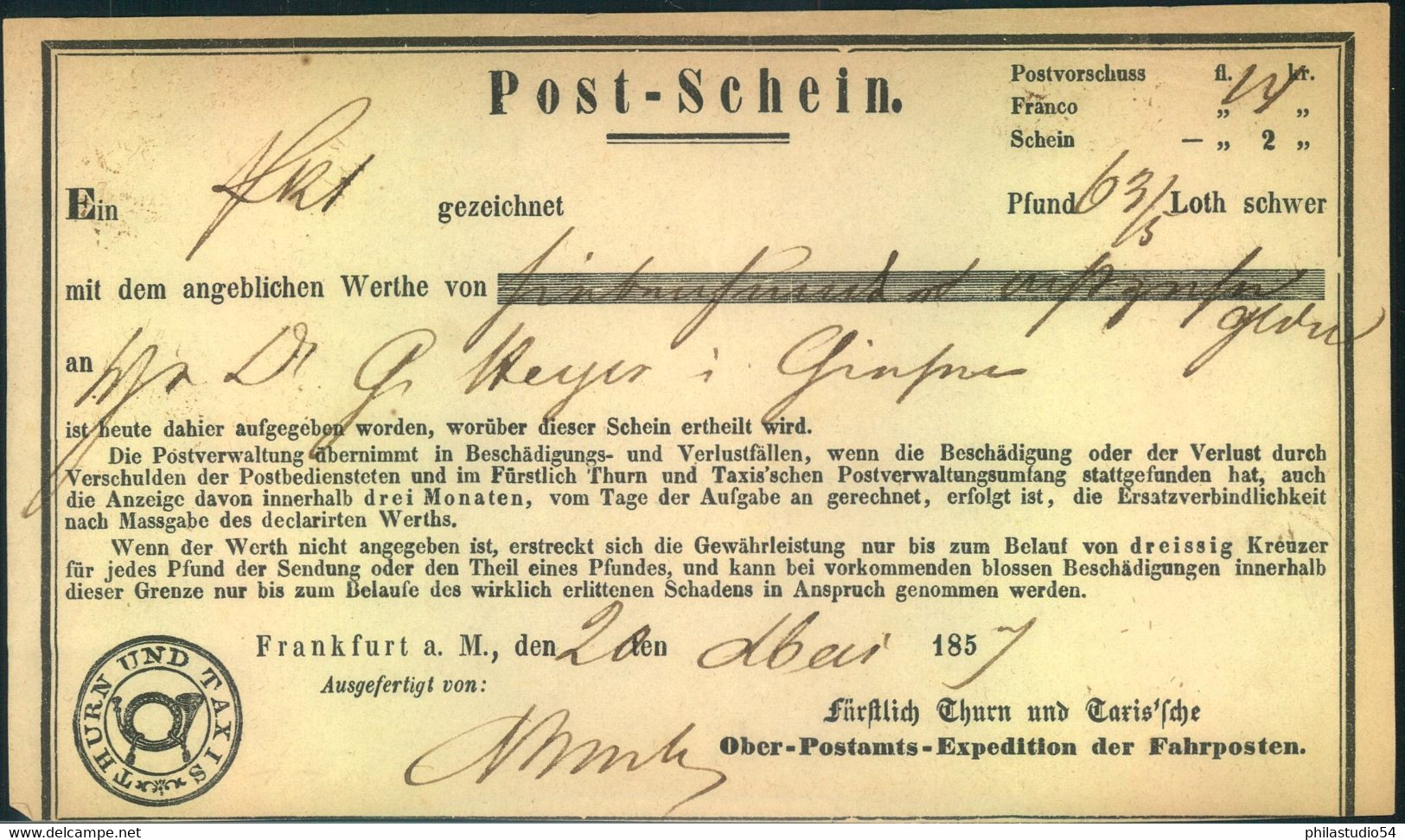 1857, Ortsdruckpostschein Aus Frankfurt A.M. - Cartas & Documentos