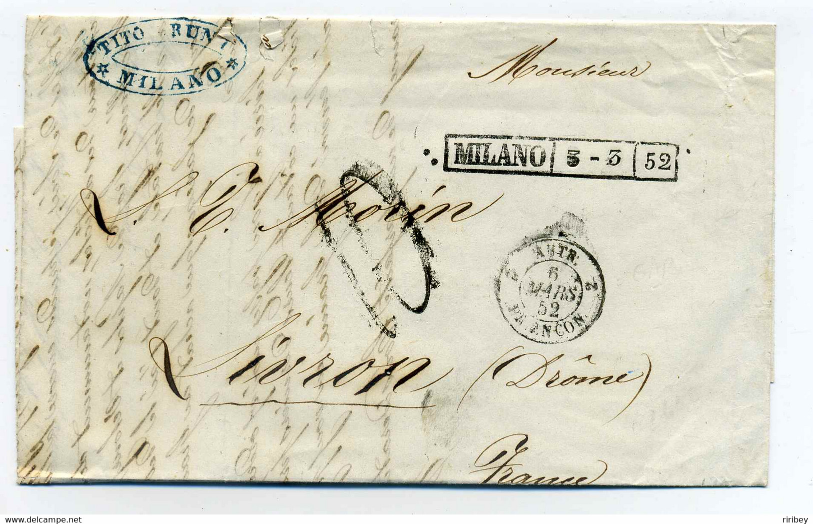 MILANO + Marque D'entrée 2 AUTRICHE 2 Par BESANCON / 1852 - Entry Postmarks