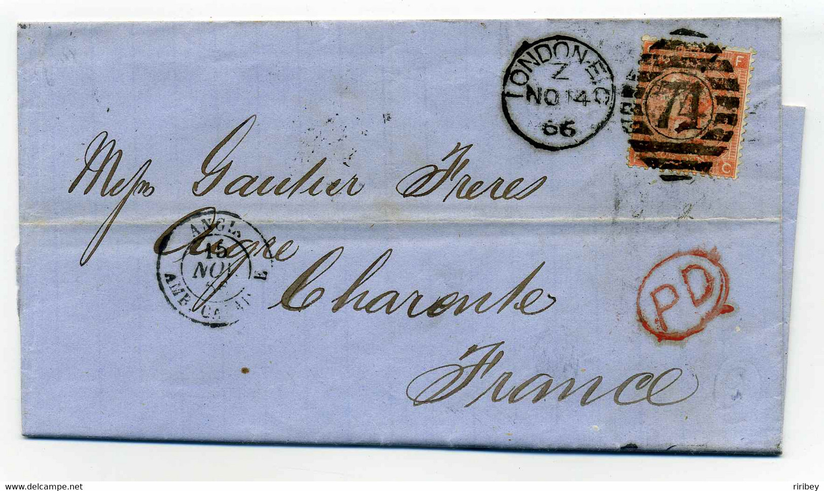 Lettre De LONDRES Avec Marque D'entrée Angleterre Ambulant Par Calais  Brigade E / 1866 / YT N°32 - Marques D'entrées