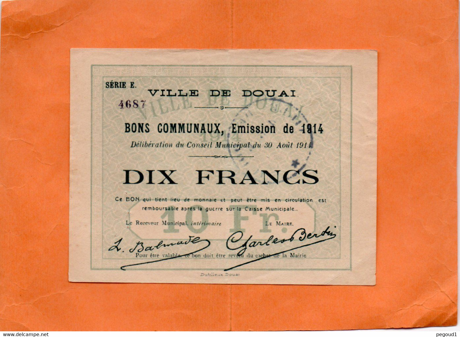 DOUAI ( NORD ) .BON COMMUNAL. EMISSION DE 1914. DIX  FRANCS.  Achat Immédiat - Bons & Nécessité