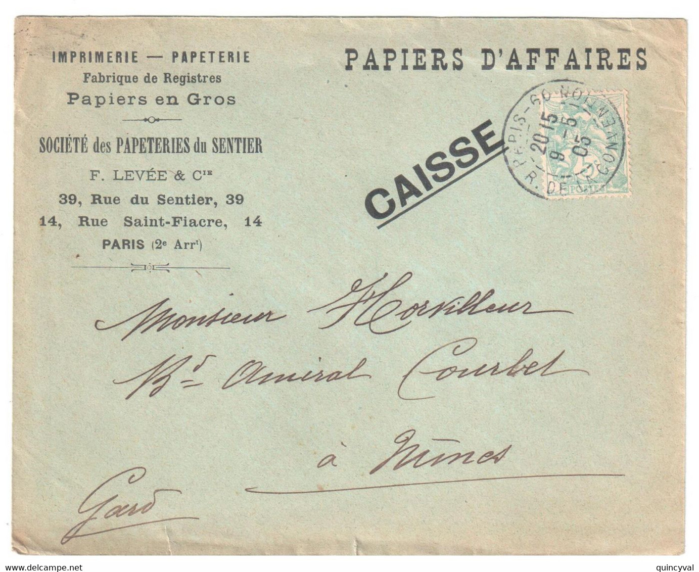 PARIS 60 Convention Papier D'Affaires CAISSE Entête Imprimerie Papeterie Du Sentier LEVEE 5c Blanc Yv 111 Ob 1905 - Cartas & Documentos