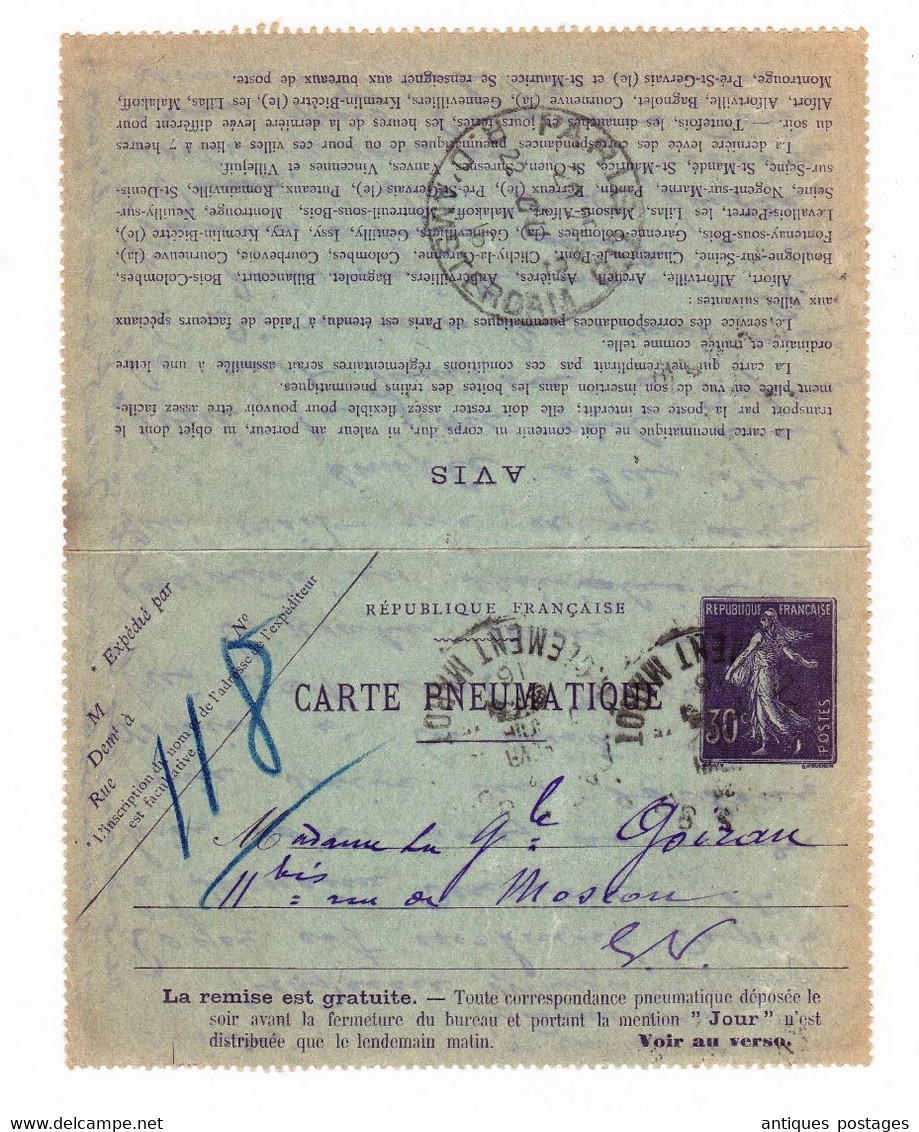 Carte 1916 Pneumatique Entier Postal Semeuse 30 Centimes Paris Rue D'Amsterdam - Pneumatiques