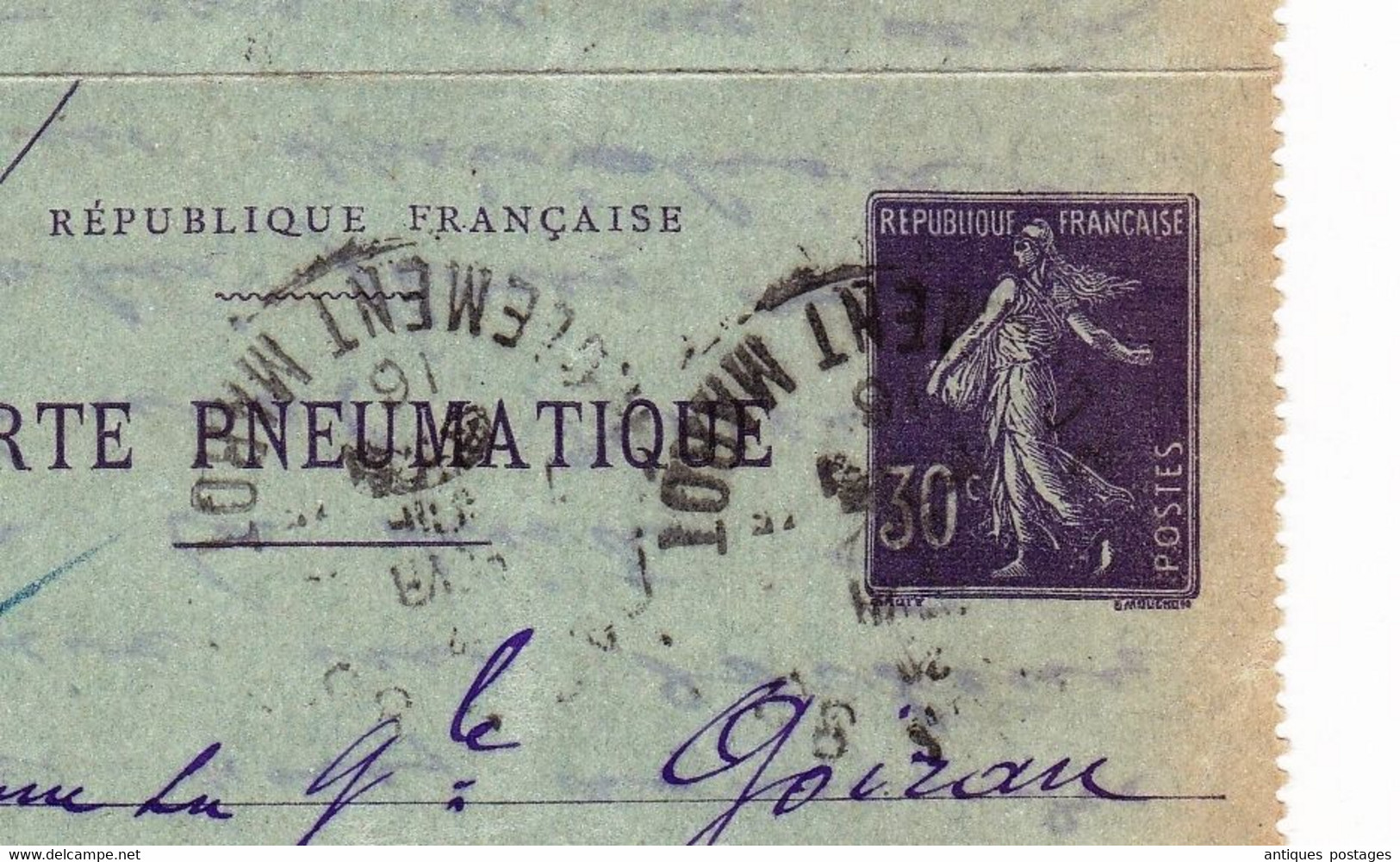 Carte 1916 Pneumatique Entier Postal Semeuse 30 Centimes Paris Rue D'Amsterdam - Neumáticos