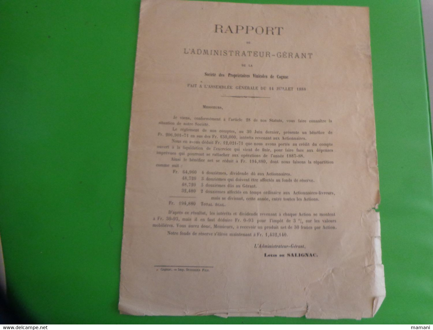 Rapport L'administrateur Gerant Service Des Proprietaires Vinicoles De Cognac 14/7/1888 - Non Classificati