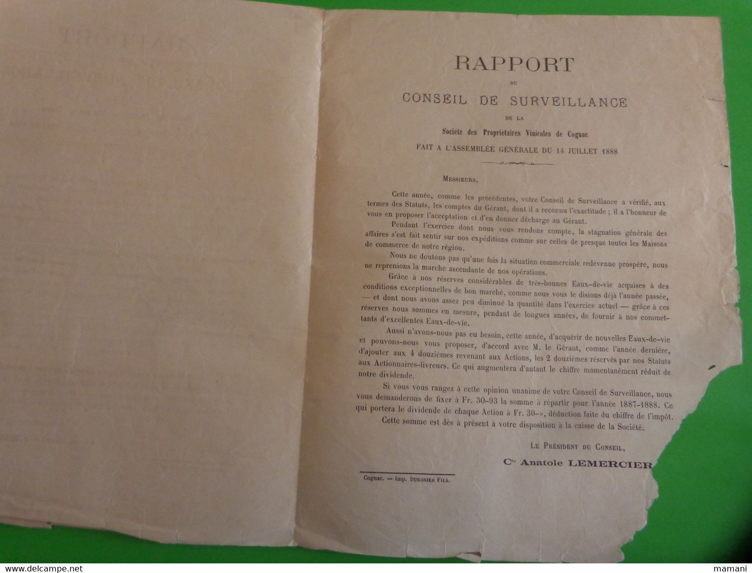 Rapport L'administrateur Gerant Service Des Proprietaires Vinicoles De Cognac 14/7/1888 - Non Classificati