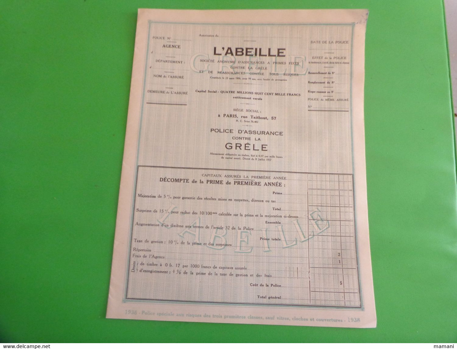 Document Vierge L'abeille Police D'assurance Contre La Grele - Non Classificati