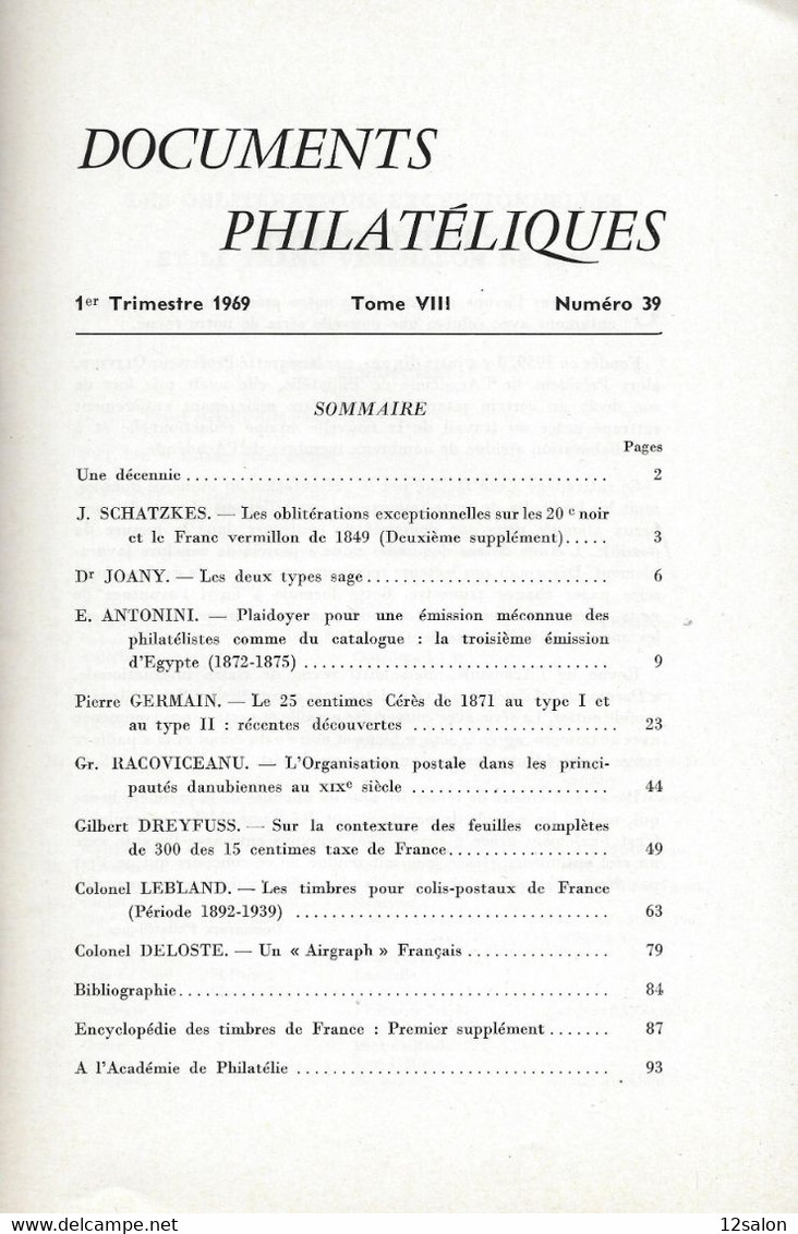 ACADEMIE DE PHILATELIE DOCUMENTS PHILATELIQUES N° 39 + Sommaire - Otros & Sin Clasificación