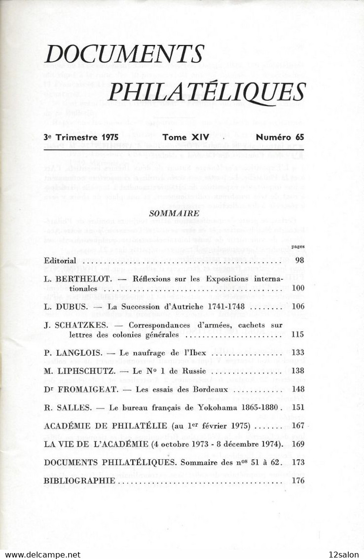 ACADEMIE DE PHILATELIE DOCUMENTS PHILATELIQUES N° 65 + Sommaire - Sonstige & Ohne Zuordnung