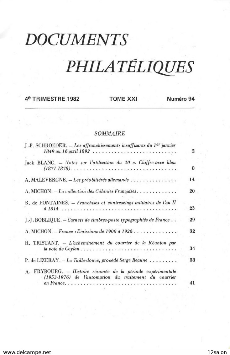 ACADEMIE DE PHILATELIE DOCUMENTS PHILATELIQUES N° 94 + Sommaire - Other & Unclassified
