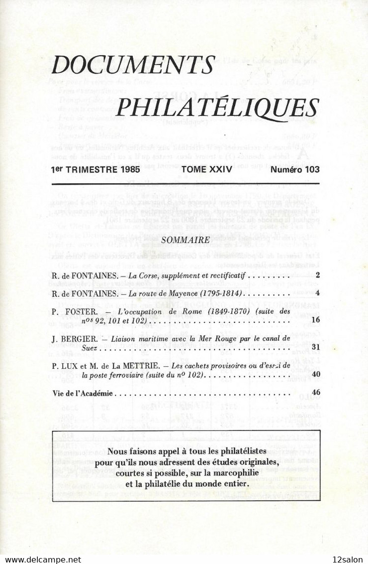 ACADEMIE DE PHILATELIE DOCUMENTS PHILATELIQUES N° 103 + Sommaire - Sonstige & Ohne Zuordnung