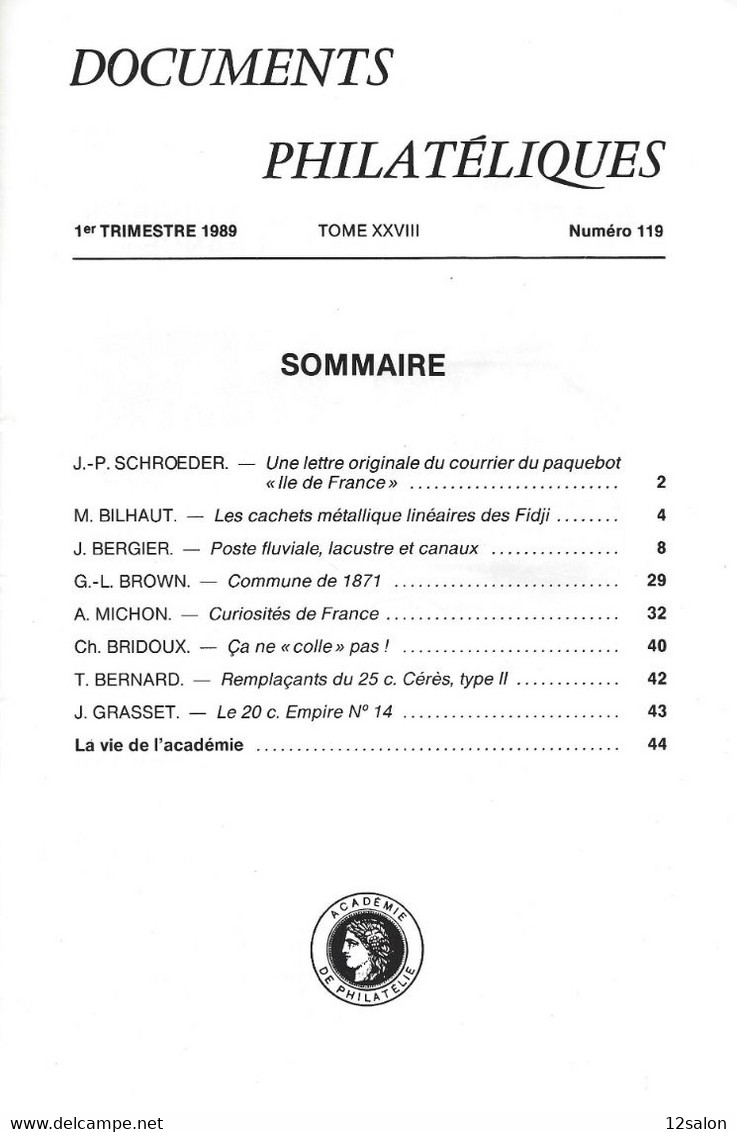 ACADEMIE DE PHILATELIE DOCUMENTS PHILATELIQUES N° 119 + Sommaire - Otros & Sin Clasificación