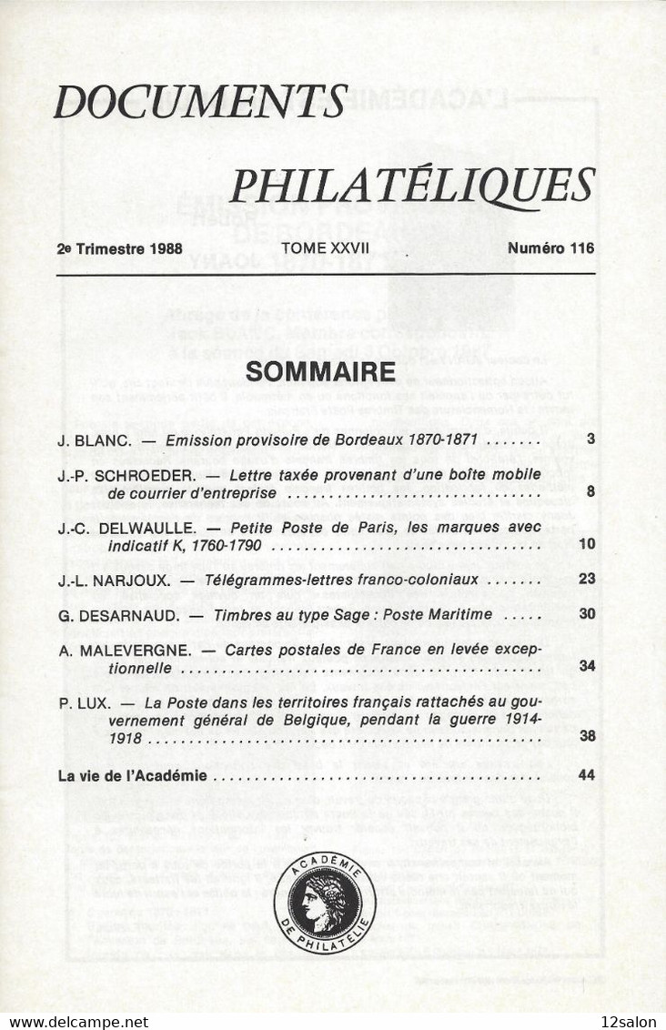 ACADEMIE DE PHILATELIE DOCUMENTS PHILATELIQUES N° 116 + Sommaire - Otros & Sin Clasificación