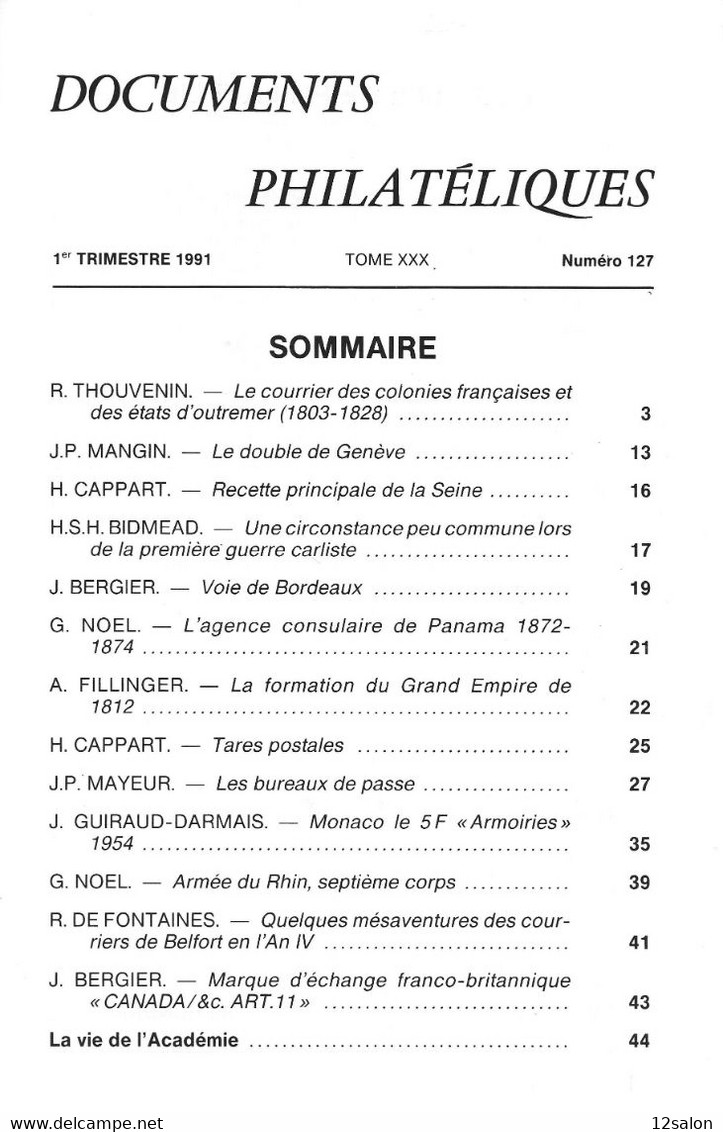 ACADEMIE DE PHILATELIE DOCUMENTS PHILATELIQUES N° 127 + Sommaire - Otros & Sin Clasificación