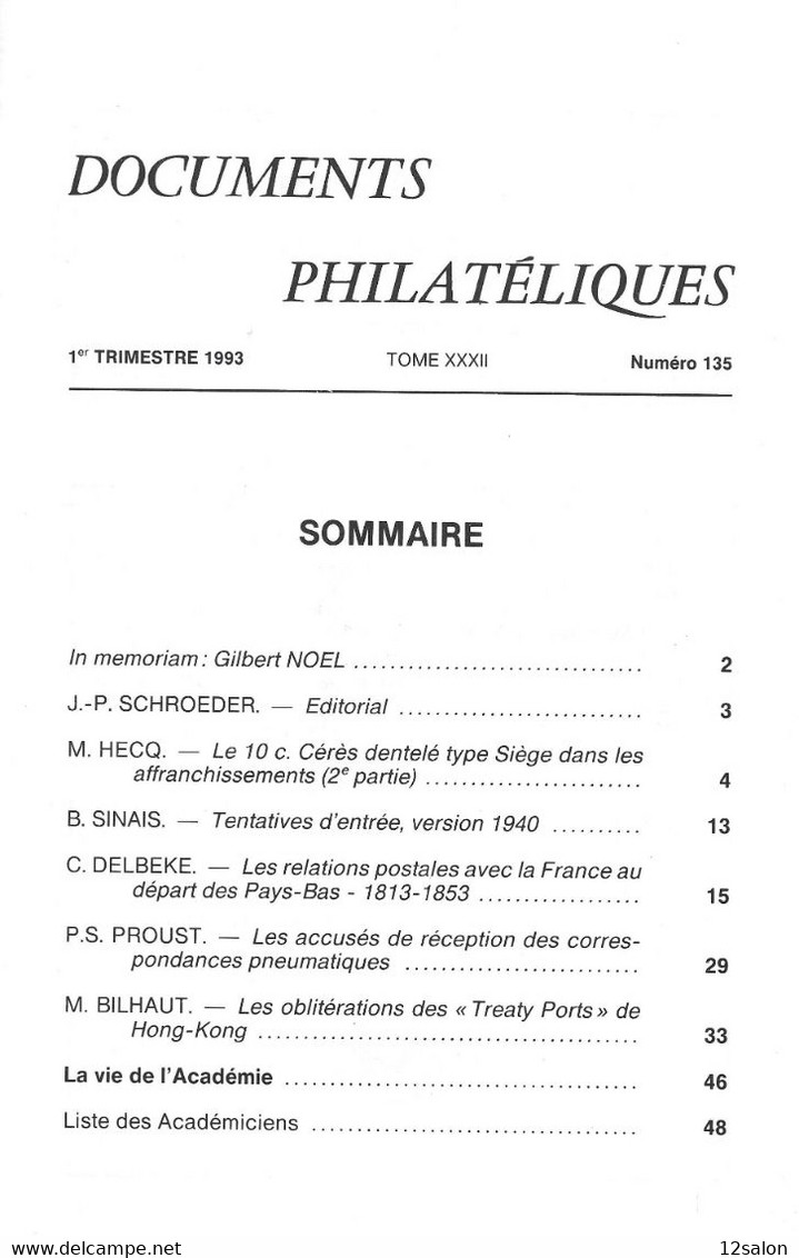 ACADEMIE DE PHILATELIE DOCUMENTS PHILATELIQUES N° 135 + Sommaire - Otros & Sin Clasificación