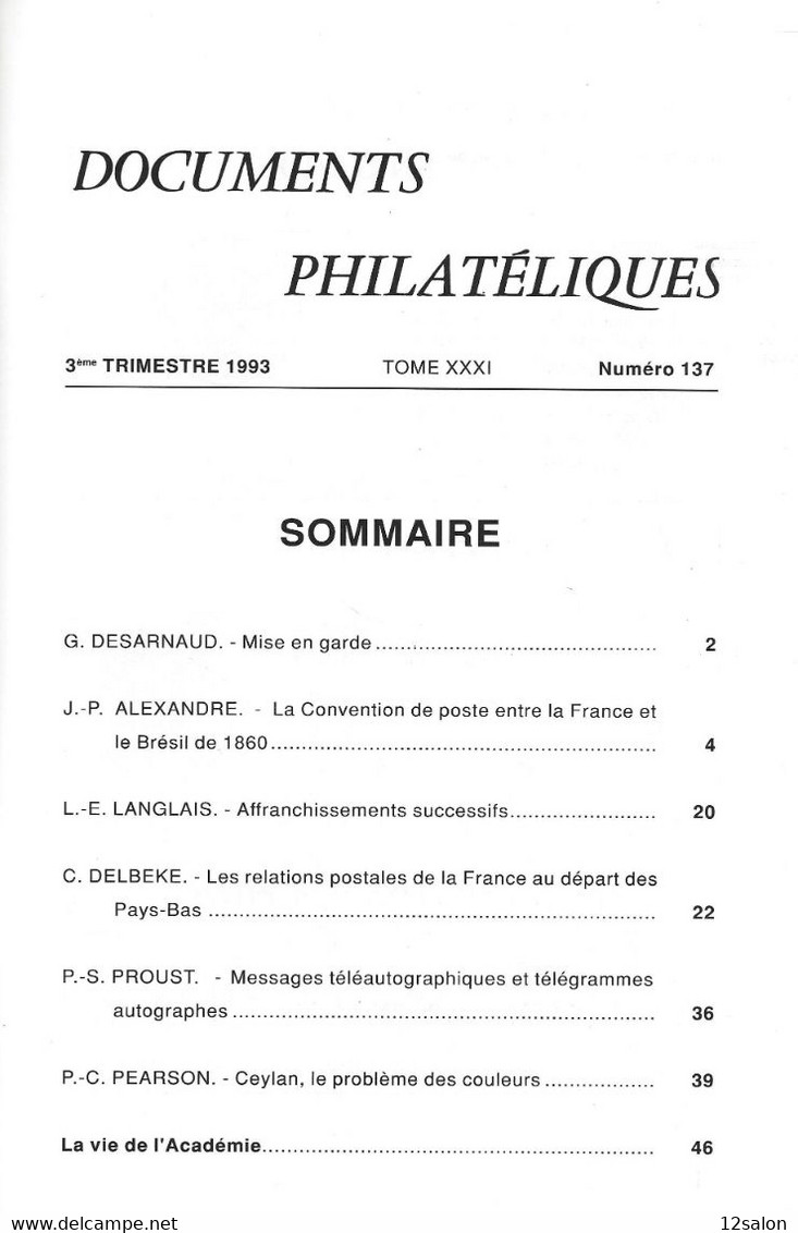 ACADEMIE DE PHILATELIE DOCUMENTS PHILATELIQUES N° 137 + Sommaire - Sonstige & Ohne Zuordnung