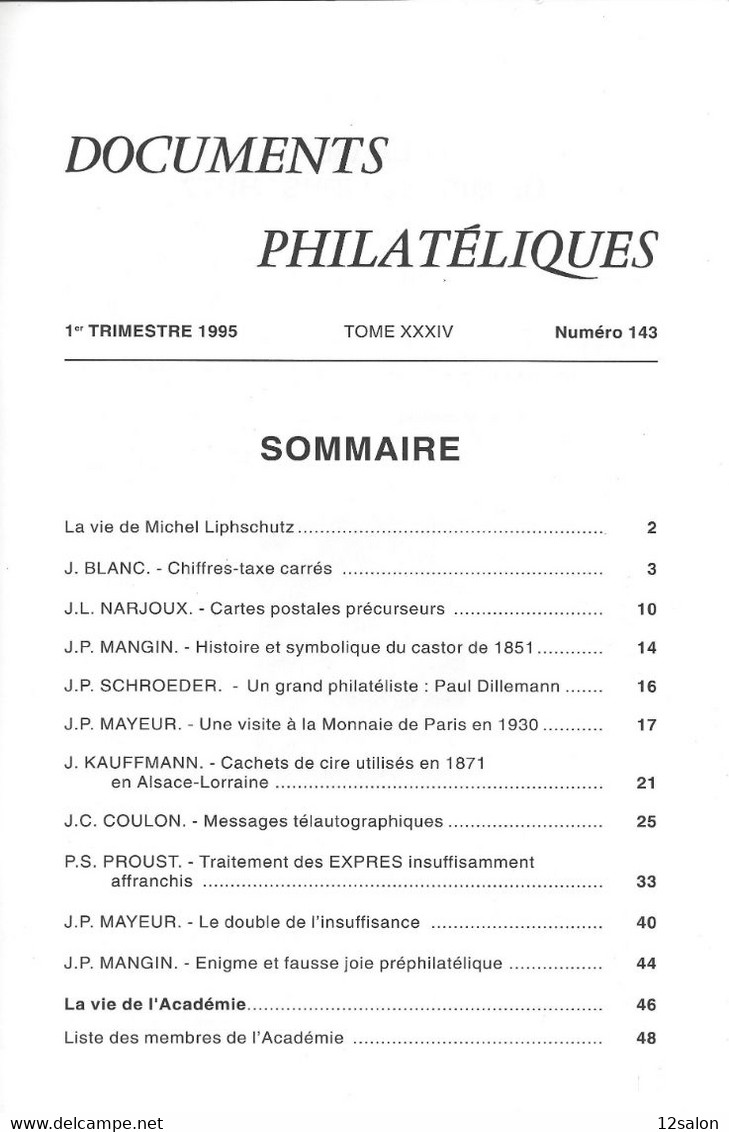 ACADEMIE DE PHILATELIE DOCUMENTS PHILATELIQUES N° 143 + Sommaire - Otros & Sin Clasificación