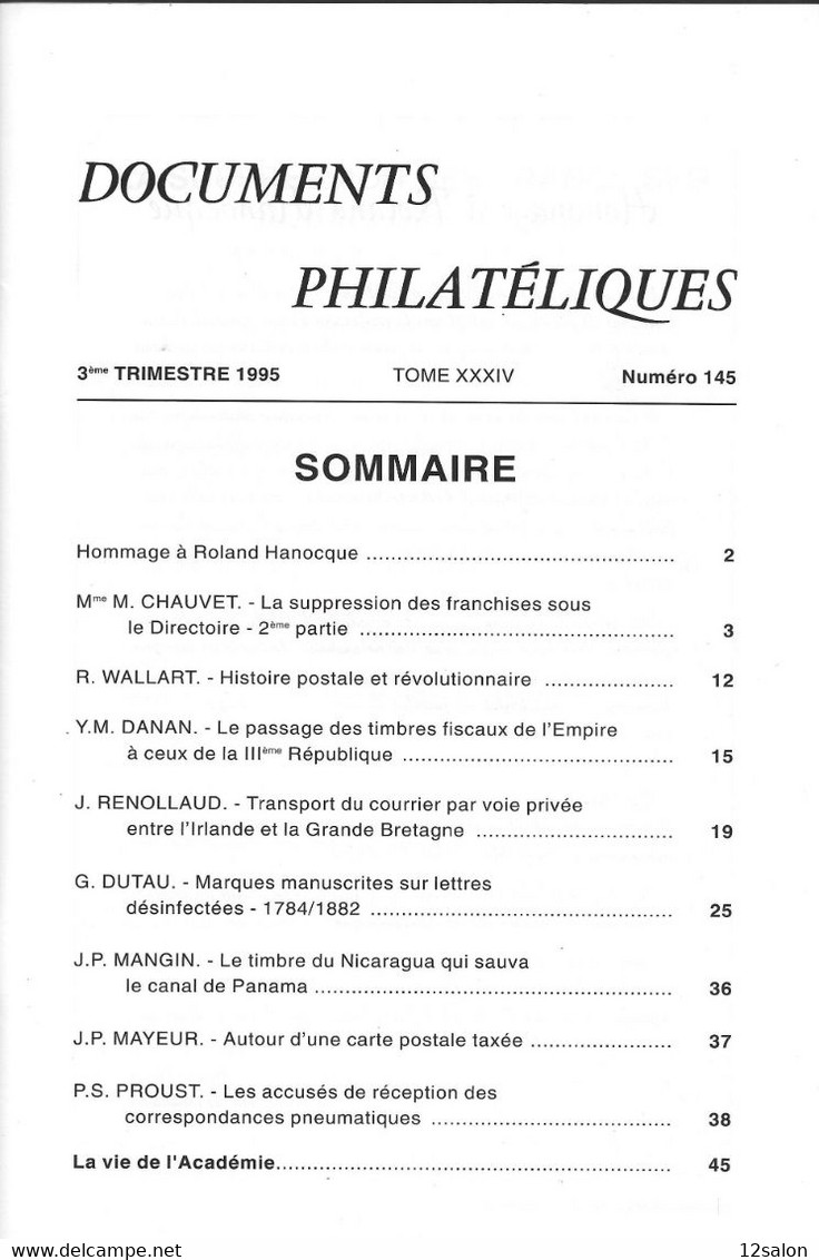 ACADEMIE DE PHILATELIE DOCUMENTS PHILATELIQUES N° 145 + Sommaire - Sonstige & Ohne Zuordnung