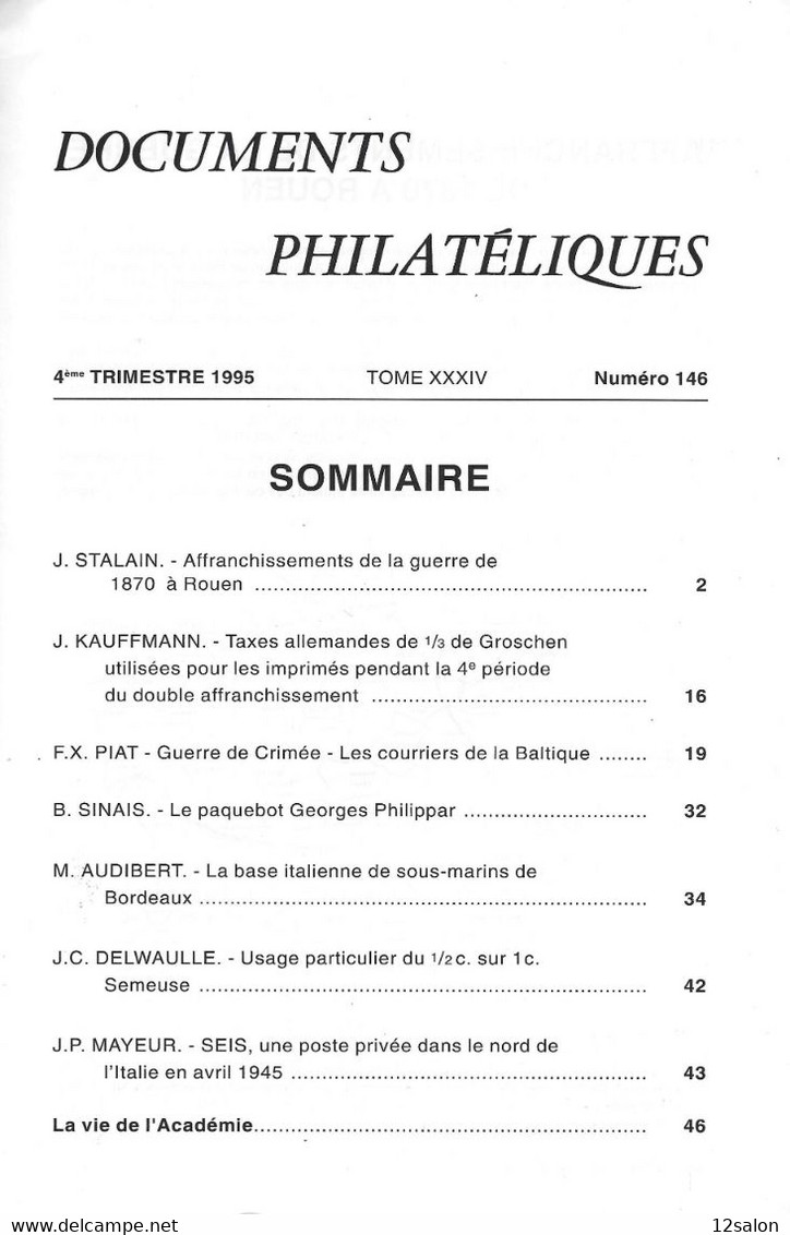 ACADEMIE DE PHILATELIE DOCUMENTS PHILATELIQUES N° 146 + Sommaire - Otros & Sin Clasificación