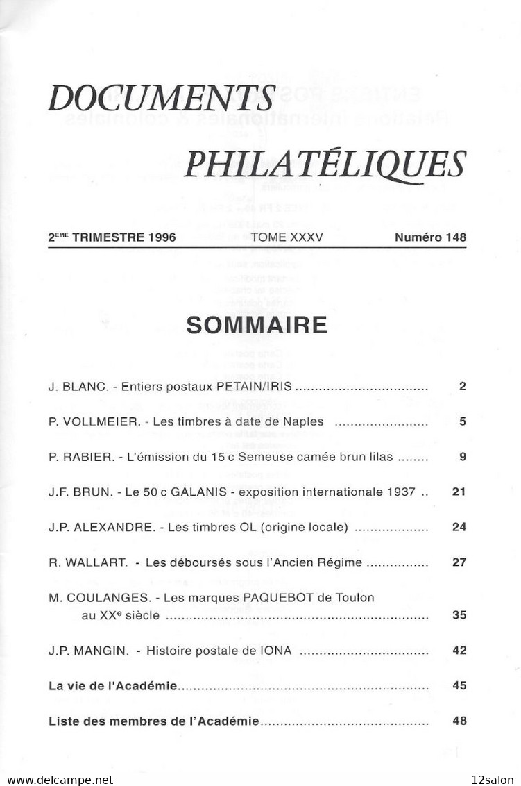 ACADEMIE DE PHILATELIE DOCUMENTS PHILATELIQUES N° 148 + Sommaire - Autres & Non Classés