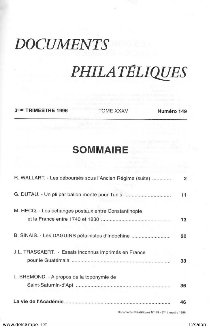 ACADEMIE DE PHILATELIE DOCUMENTS PHILATELIQUES N° 149 + Sommaire - Sonstige & Ohne Zuordnung