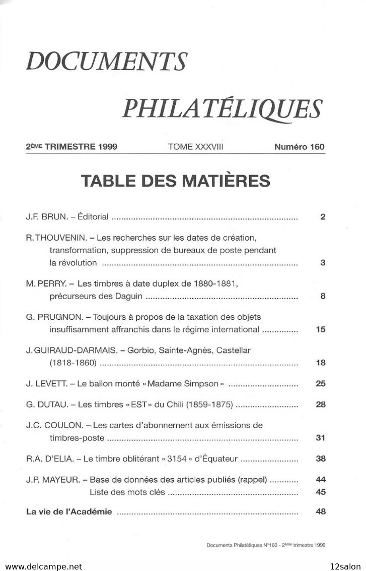 ACADEMIE DE PHILATELIE DOCUMENTS PHILATELIQUES N° 160 + Sommaire - Otros & Sin Clasificación