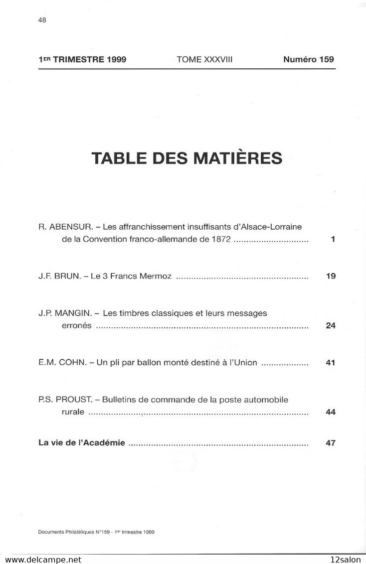 ACADEMIE DE PHILATELIE DOCUMENTS PHILATELIQUES N° 160 + Sommaire - Otros & Sin Clasificación