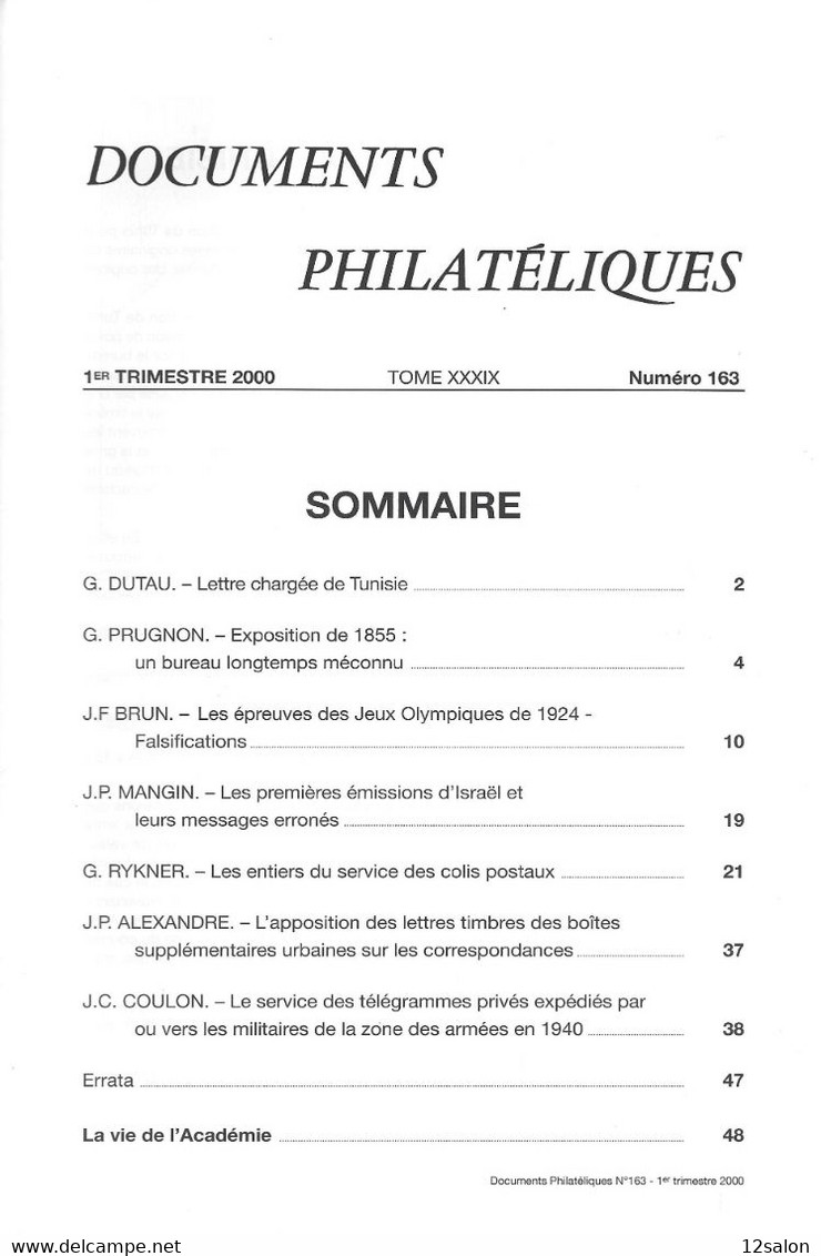 ACADEMIE DE PHILATELIE DOCUMENTS PHILATELIQUES N° 163 + Sommaire - Otros & Sin Clasificación