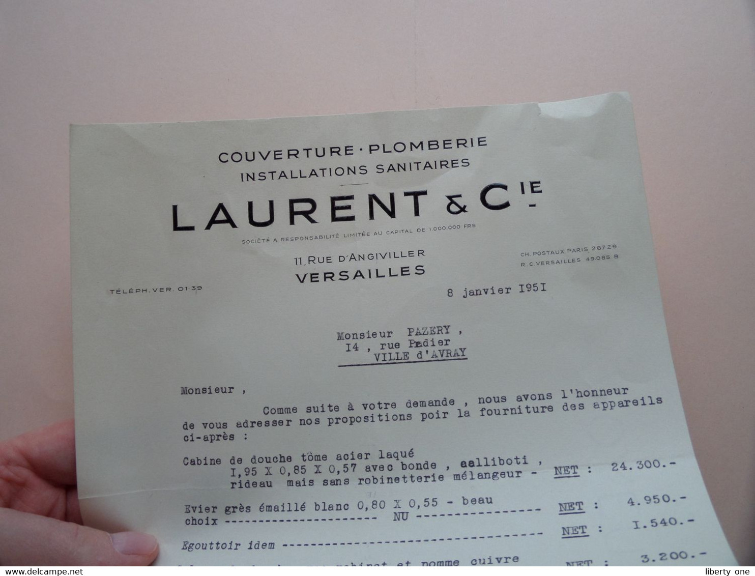 LAURENT & Cie Rue D'Angiviller VERSAILLES / Install. Sanitaires ( Pazery Ville D'AVRAY ) 1951 ( See Photo Scan ) ! - 1950 - ...