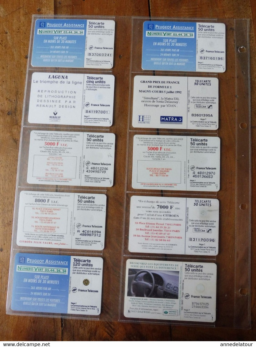 10 télécartes (lié à l'automobile) FRANCE TELECOM  ->  Peugeot - Assistance, DAEWOO NUBIRA, Citroën, LAGUNA, MATRA, etc