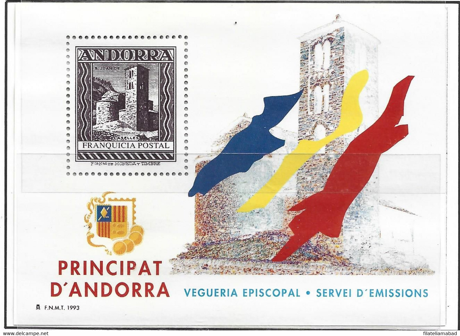 ANDORRA HOJA B. 1993  Nº 27 REPRODUCCIÓN DEL SELLO SAN JUAN DE CASELLES  VEGUERIA EPISCOPAL ENTIDAD QUE YA NO EXISTE.. - Episcopal Viguerie