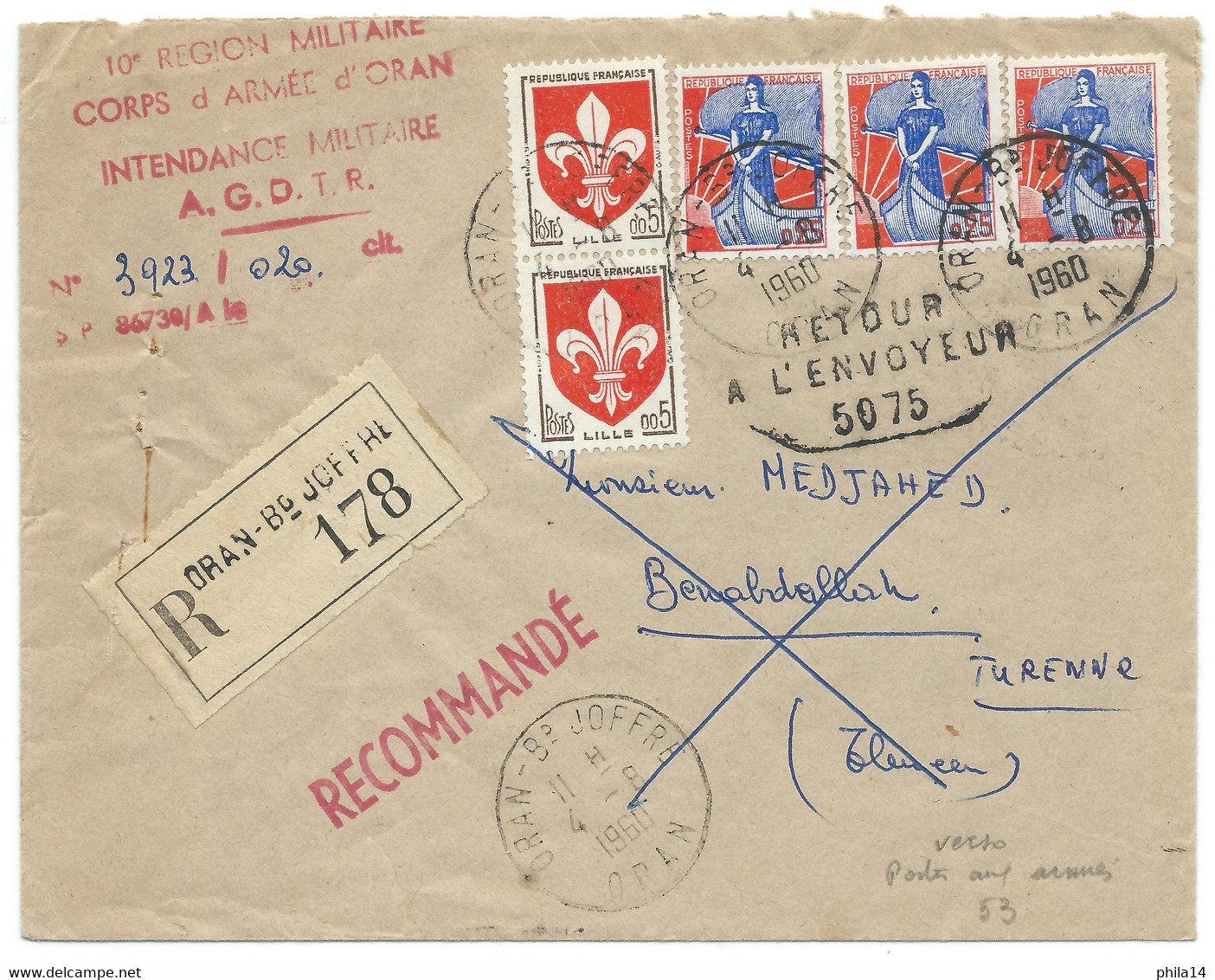 ENVELOPPE RECOMMANDEE / ORAN BD JOFFRE ALGERIE 1960 POUR  BENABDELLAH TURENNE / RETOUR A L'ENVOYEUR/ - Covers & Documents