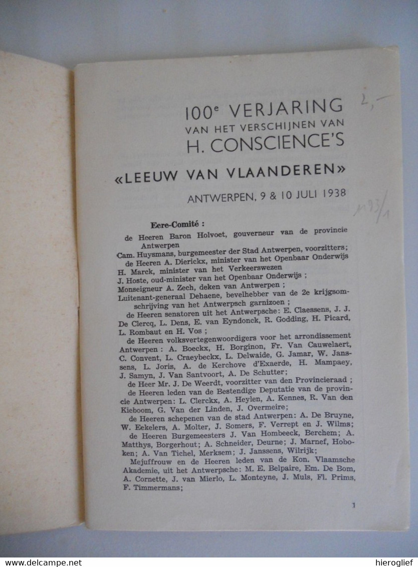 EEUWFEEST CONSCIENCE 's LEEUW VAN VLAANDEREN Antwerpen Juli 1938 OFFICIEEL PROGRAMMA GAZET VAN ANTWERPEN - Histoire