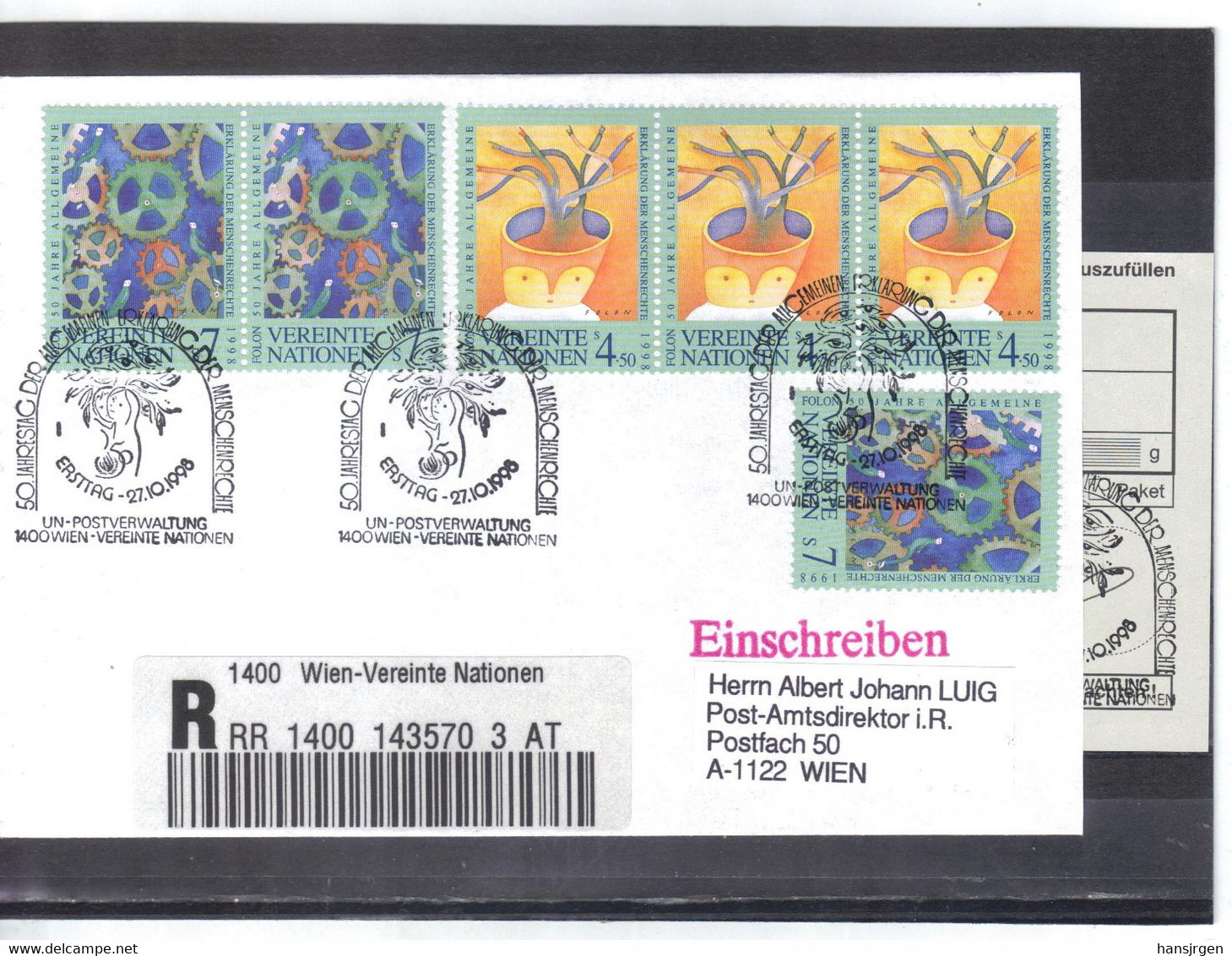 KTM71 UNO WIEN 1998 RECO-BRIEF MICHL 268/69  Mit AUFGABESCHEIN Siehe ABBILBUNG - Covers & Documents