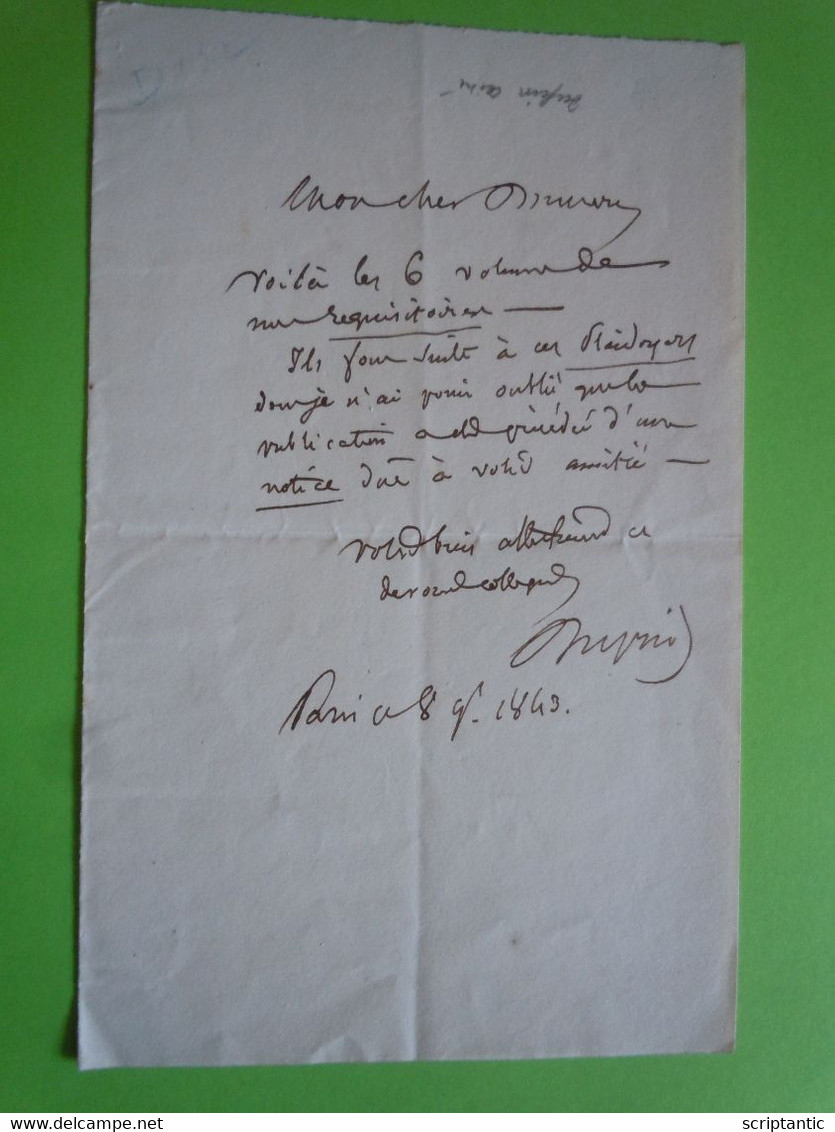 Billet Autographe André DUPIN Dit DUPIN Ainé (1783-1865) Avocat Et Homme D'Etat 1843 - Personnages Historiques