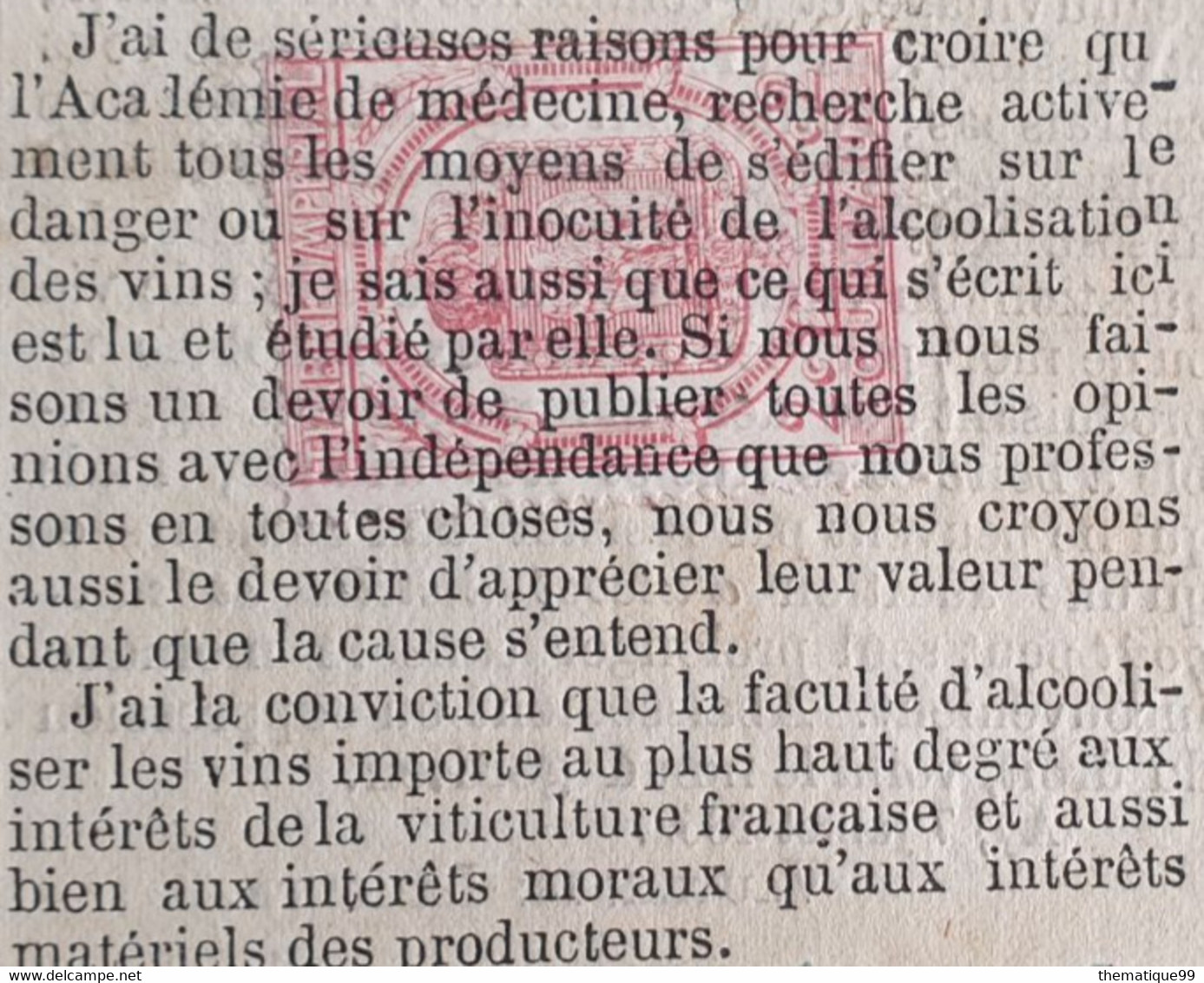 Timbre Journal De France Avec Annulation Typographique (1869) Thème Alcoolisme, Vin, Académie De Médecine - Wines & Alcohols