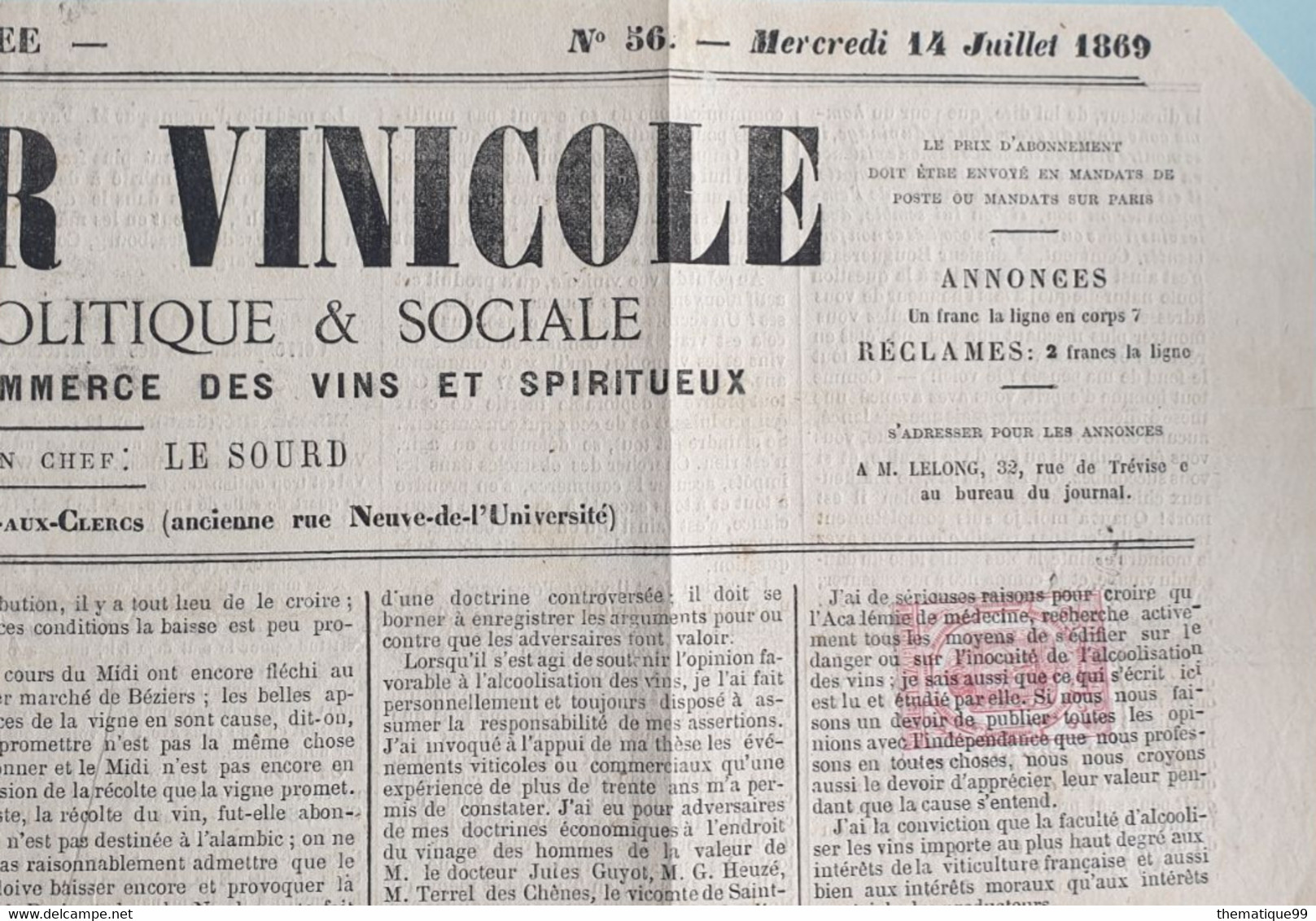 Timbre Journal De France Avec Annulation Typographique (1869) Thème Alcoolisme, Vin, Académie De Médecine - Wijn & Sterke Drank
