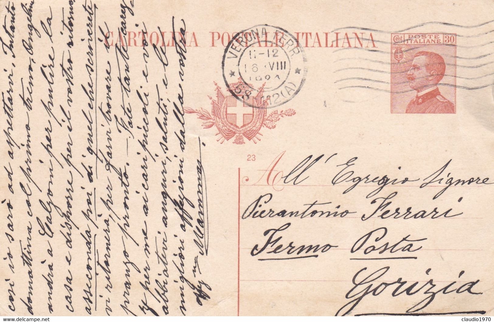 REGNO - VERONA - INTERO POSTALE C. 30 - VIAGGIATO PER GORIZIA - FERMO POSTA - Cinema & Music