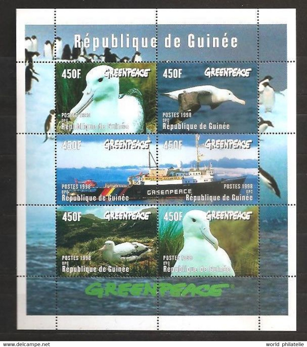 Guinée 1998 N° 1207 / 12 ** Greenpeace, Albatros, Navire, Hélicoptère, Manchots, Nid, Antarctique, Pollution, Ecologie - Guinea (1958-...)