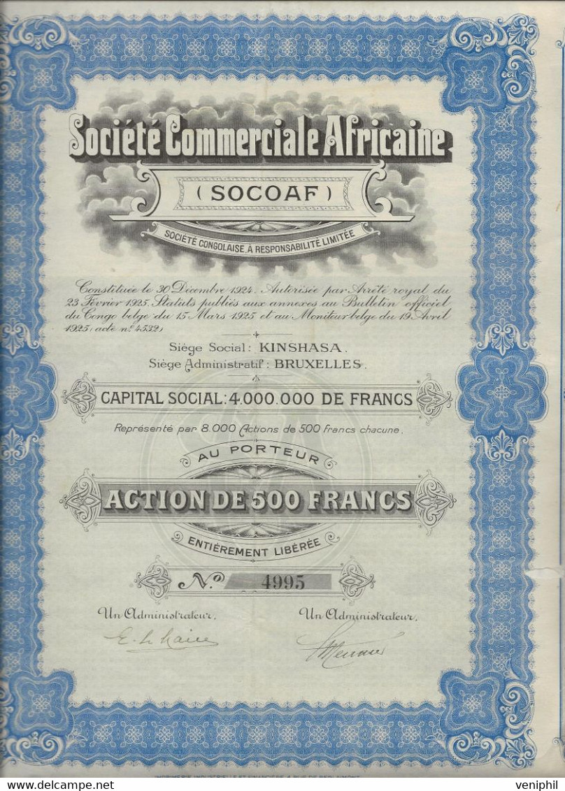 SOCIETE COMMERCIALE AFRICAINE -SOCOAF - SOCIETE CONGOLAISE - 8000 ACTIONS DE 500 FRS-  ANNEE 1925 - Afrique