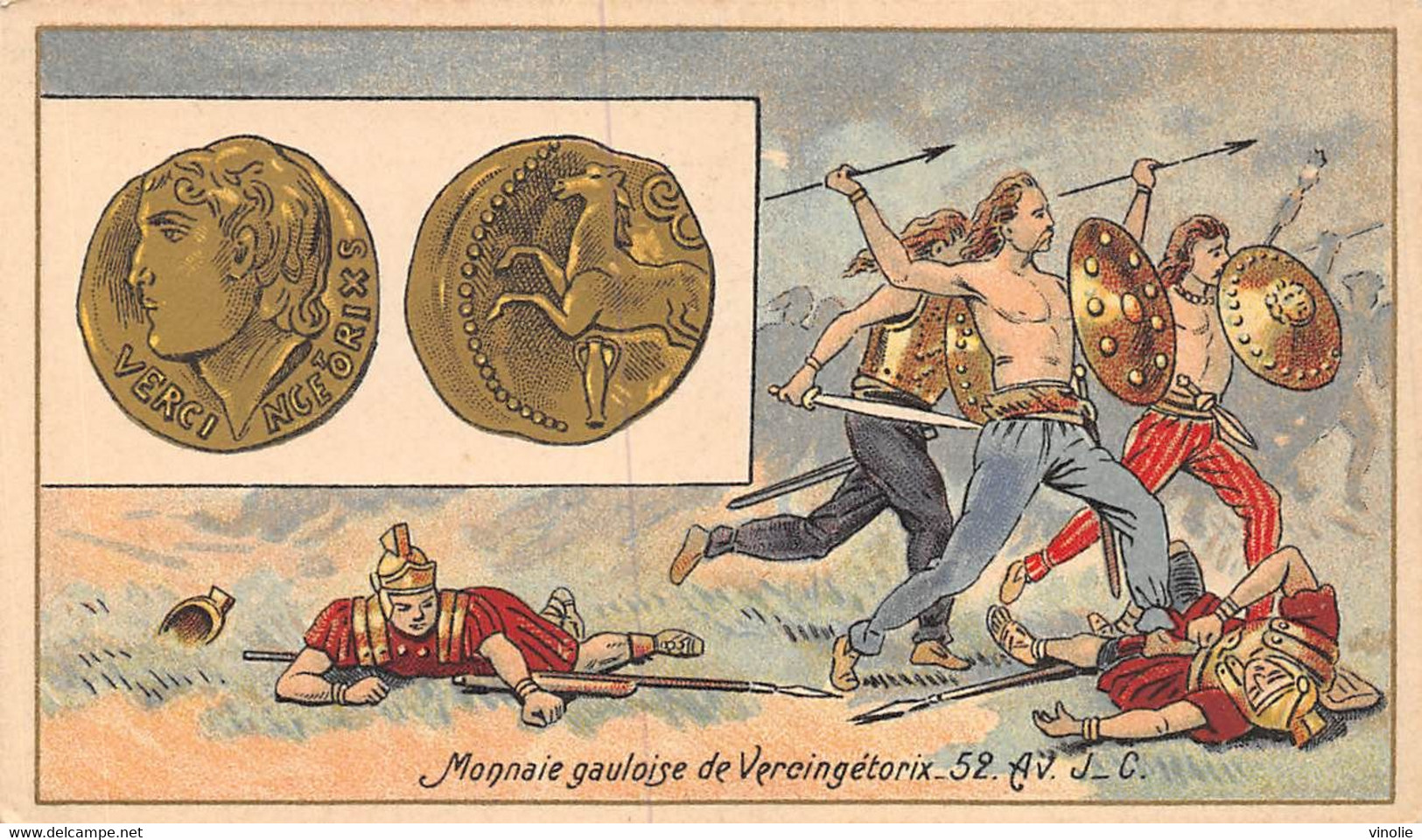 P.21-FO-1567 : IMAGE. CHROMOLITHOGRAPHIE. THEME MONNAIE. MONNAIE GAULOISE DE VERCINGETORIX. 52 AVANT JESUS-CHRIST - Non Classés