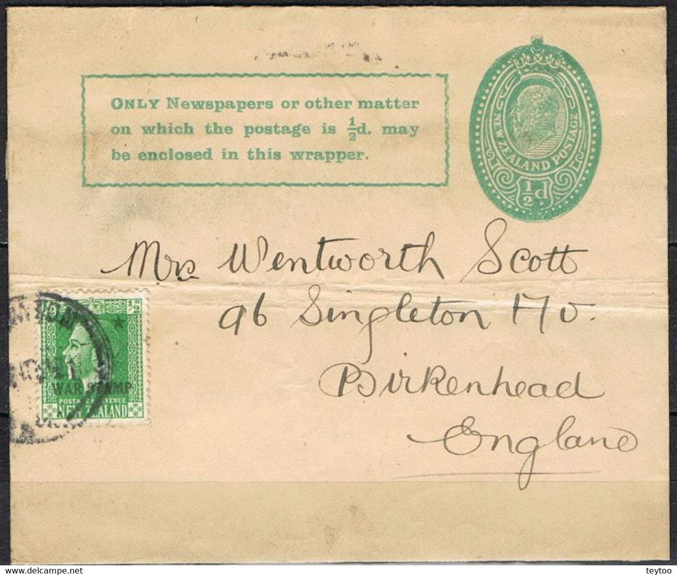 [C0360] Nueva Zelanda. Faja Entero Postal Con Tasa De Guerra MR1 (1915) (C) - Entiers Postaux